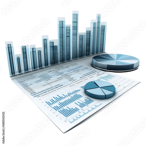 Business data analysis with bar graphs and pie charts showing financial performance and market trends on a detailed report presented in 3d style on transparent background
