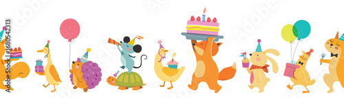 Happy birthday collection with cartoon character animals. Birthday party vector illustration for greeting card, invitation, event, poster, sticker, prints.


