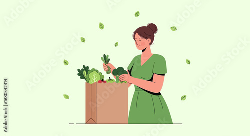 Woman Putting Fresh Vegetables Into a Paper Bag After Grocery Shopping