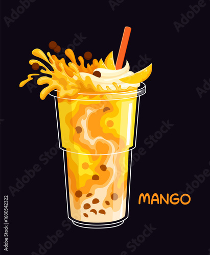Cartoon mango milk bubble tea glass in a clear cup with fruit slices, whipped cream and dynamic bright splash effect. Refreshing drink contains tapioca pearls and straw, evoking a sweet, tropical vibe