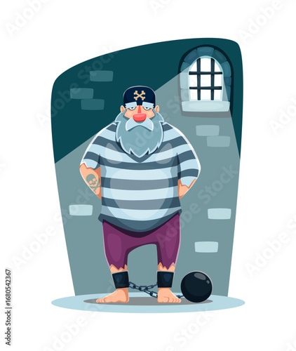 Cartoon pirate prisoner corsair ship crew nautical character with gray beard, striped shirt, and tattoo stands in a cell, shackled to a heavy iron ball against dimly lit stone wall with barred window