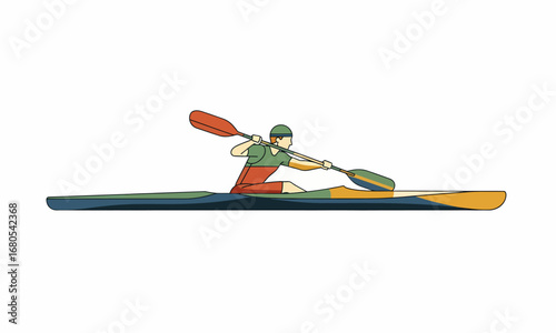 Illustrated Kayaker in a Sleek Boat Actively Paddling with a Double-Bladed Oar.