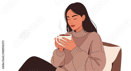 Woman Relaxes, Drinking Hot Beverage On A Cold Day With A Snowflake In The Background