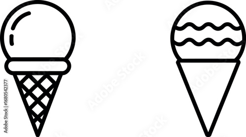 Two simple outline ice cream cones one with scoop one with wavy top flat design style silhouette