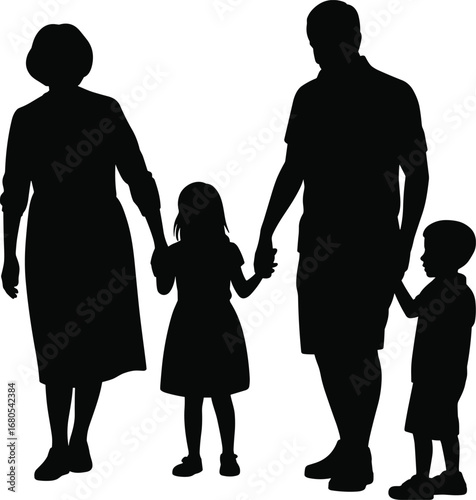Silhouette of family walking together, including parents and two children holding hands, representing unity, love, care, and bonding moments.