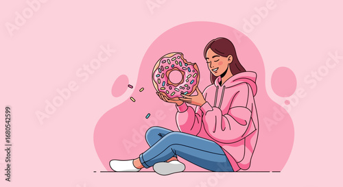 Woman Savoring Donut: Delightful Illustration of Happiness and Sweet Treats