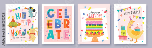 Happy birthday collection with cartoon character animals, cakes and colorful confetti. Birthday party vector illustration for greeting card, gift tag, invitation, poster, sticker, prints.

