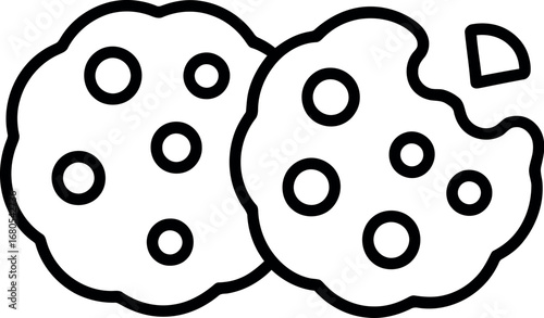 Simple line art icon of two delicious chocolate chip cookies one partially eaten on a white canvas silhouette