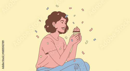 Woman Smiling Celebrates With Cupcake Amidst Falling Confetti Of Different Colors