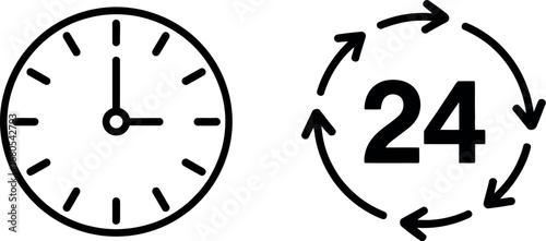 Simple line icons representing time and 24-hour service symbols for convenience and availability silhouette