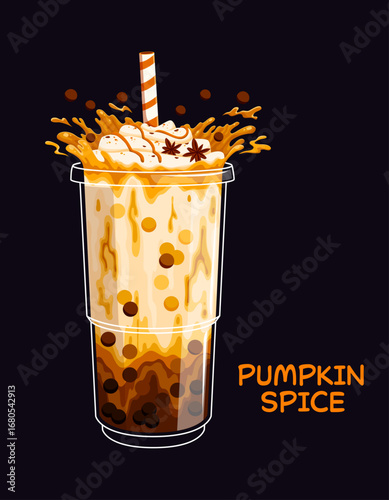 Cartoon milk bubble tea glass and bright splash of pumpkin flavor, vector dessert drink. Milk bubble tea cup with drinking straw and splash of pumpkin cream with cinnamon flavor for drinks menu