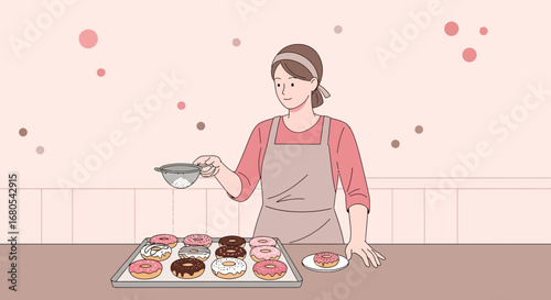 Woman Sprinkling Confectioner's Sugar On Donuts For Sweet Treat Dessert Baking