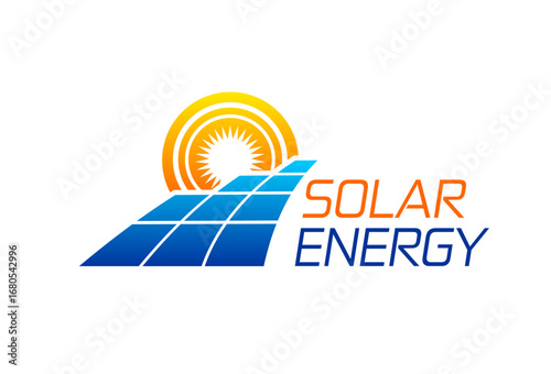 Solar energy icon with orange sun and blue solar panels. Vector emblem symbolizing clean, renewable energy, sustainability, electricity production and modern green, eco friendly technology solution