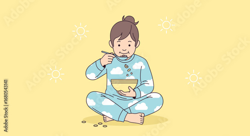 Young Person Enjoying Morning Cereal Breakfast At Home, Peaceful And Healthy