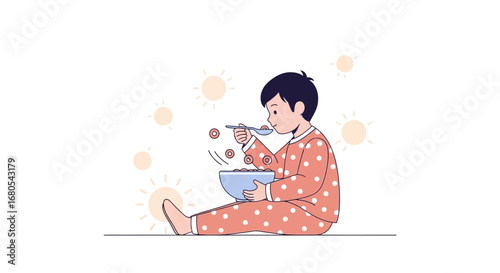 Young Person In Pajamas Enjoying Cereal With Light Elements For Visual Appeal