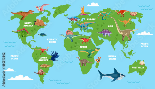 Prehistoric dinosaurs map infographics. Vector educational world map showing dinosaurs distributed across continents, each labeled with regional names and oceans, illustrating where dino species lived