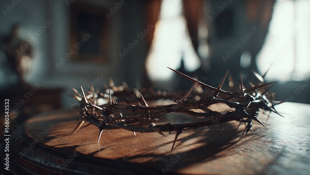 Fototapeta premium Crown of thorns on wooden table, blurred background