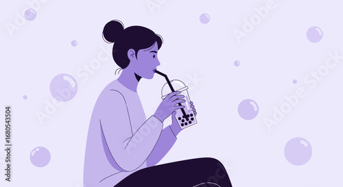 Young Woman Savoring Tapioca Drink With A Straw In Modern And Stylish Illustration Design