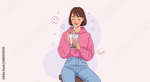 Young Woman Savoring Bubble Tea While Relaxing in a Casual and Stylish Illustration
