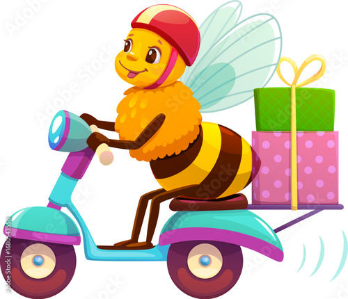 Cartoon cheerful honey bee character riding a scooter with helmet for safety and gifts. Isolated vector funny insect personage carrying presents. Cute pest delivering gift boxes for birthday party