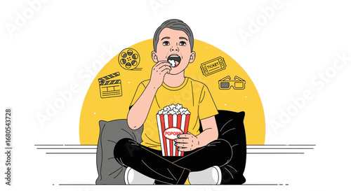 Youngster Eating Popcorn While Watching Film Illustrated With Cinema Icons and Elements