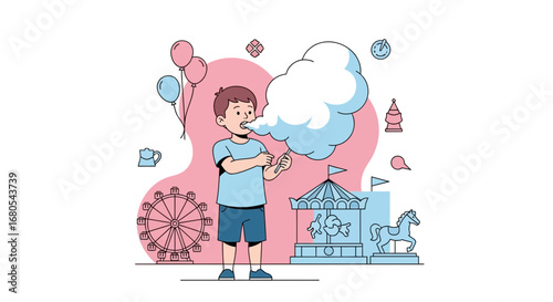 Youngster Enjoying Cotton Candy at a Colorful Amusement Park Filled with Joy