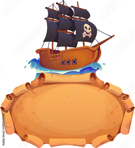 Caribbean pirates and corsairs game cartoon heraldry banner with ship, vector icon. Pirate game heraldic symbol of frigate sailboat with Jolly Roger skull and crossbones on parchment scroll frame