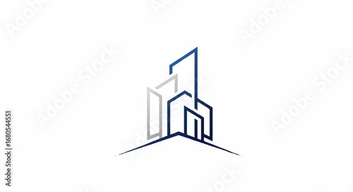 Minimalist city skyline logo with abstract blue and grey architectural building outlines, vector illustration for real estate or construction company identity