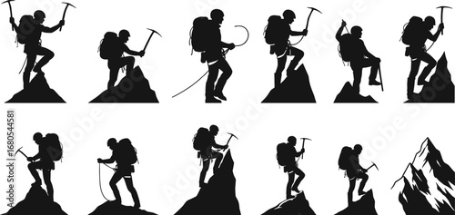 Silhouette of mountain climbers with ice axes, hiking, mountaineering gear, outdoor adventure, extreme climbing, peak expedition, vector illustration