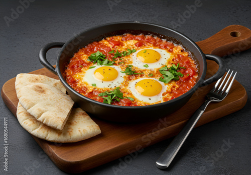 Fried eggs with tomato sauce and pita bread