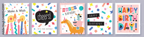 Happy birthday collection with cartoon character animals, cakes and colorful confetti. Birthday party vector illustration for greeting card, gift tag, invitation, poster, sticker, prints.

