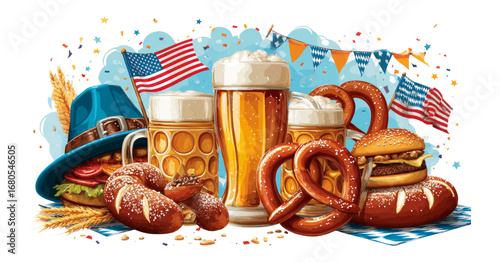 oktoberfest food and beer with american flags clip art preview