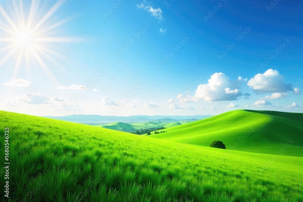Fototapeta premium A serene landscape featuring a vast, open sky, rolling hills, and lush green fields bathed in soft sunlight Ideal for nature, travel, and environmental themes , adventure, majestic, horizon