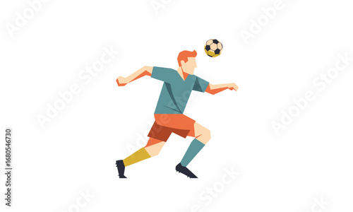 Male soccer player in a teal and orange uniform running to head a football.