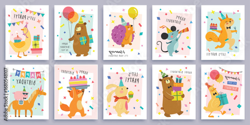 Happy birthday collection with cartoon character animals, cakes and colorful confetti. Birthday party vector illustration for greeting card, gift tag, invitation, poster, sticker, prints.

