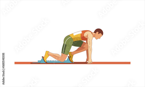 Male sprinter in starting blocks, poised for race, wearing athletic gear, dynamic illustration.