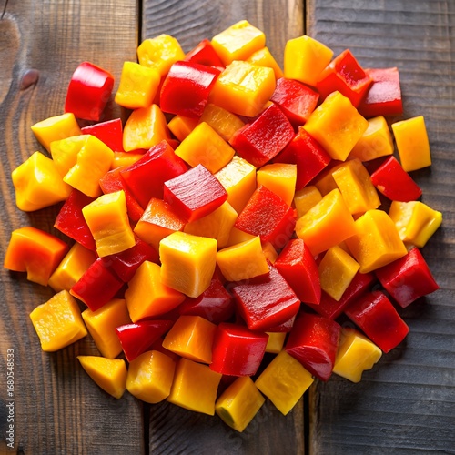 Freshly diced red and yellow bell pepper cubes ready for culinary creations