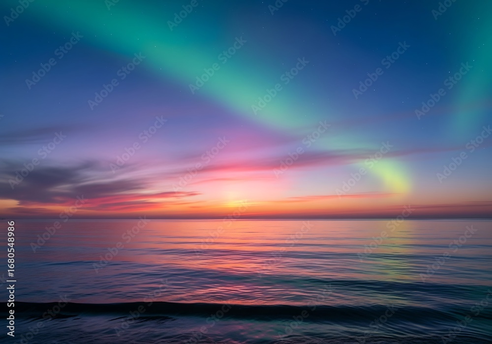 Fototapeta premium Aurora Borealis over Calm Ocean at Sunset.