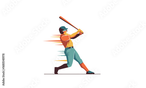 Modern flat illustration of a baseball player swinging a bat with dynamic motion lines.