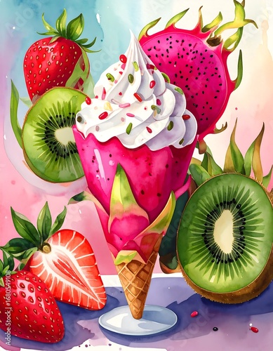 Vibrant watercolor illustration of a delicious ice cream cone filled with pink dragon fruit and topped with whipped cream and sprinkles, surrounded by fresh strawberries and kiwi fruit.
