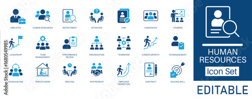 Human Resources and Recruitment icon set. Includes symbols for Interview, Hire, Team Management, and Performance Review. Solid icons for employee management, career growth, and corporate training.