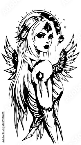 the girl with a tattoo and sword, female warrior, angel warrior black and white illustration