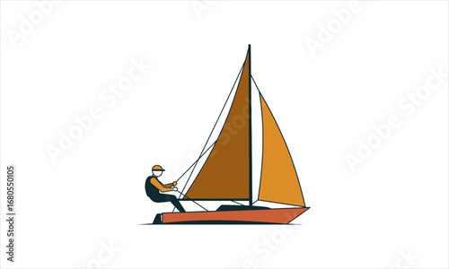 Outlined Sailing Vessel with Person at Helm.