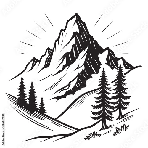  Majestic Mountain Range: An artistic monochrome depiction of a majestic mountain range, with snow-capped peaks piercing the sky.