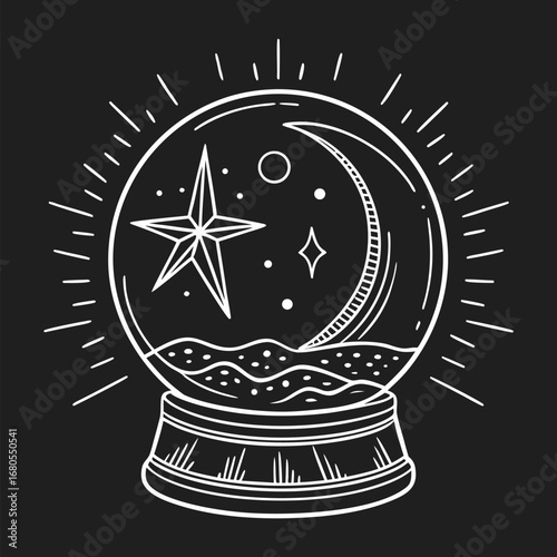 Crystal Ball Envisioning the Future: An intricately etched crystal ball, a celestial sanctuary, cradles the mystical symbol of star and moon.