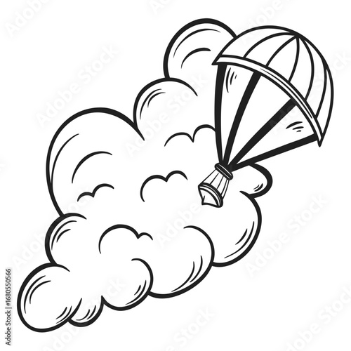 Cloud Parachute: a creative drawing illustrating of a parachute with cloud background, ideal for adventure concepts, symbolizing taking risks and conquering new heights. 