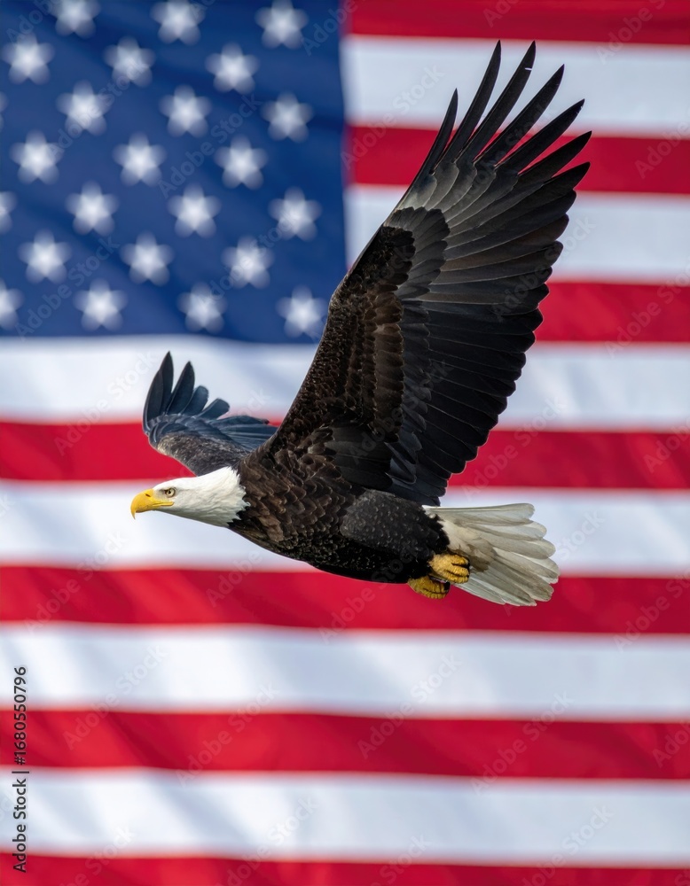 Naklejka premium Bald Eagle in Flight with a Soft American Flag in Background