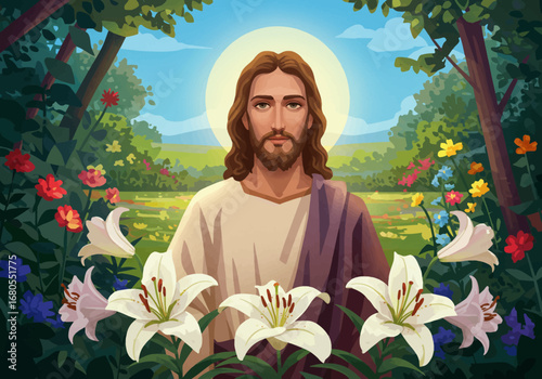 A digital illustration of Jesus Christ stands among lilies in a lush garden beneath a halo
