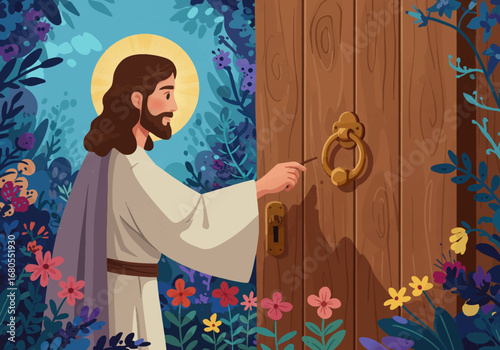 A digital art piece depicts Jesus knocking on a wooden door surrounded by colorful flowers and foliage