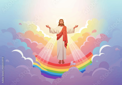 A figure stands on a rainbow amidst colorful clouds bathed in bright light
